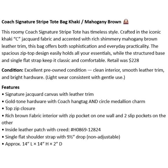 Coach Signature Stripe Tote Bag Khaki / Mahogany Brown 👜 Pre-Owned - Picture 2 of 8